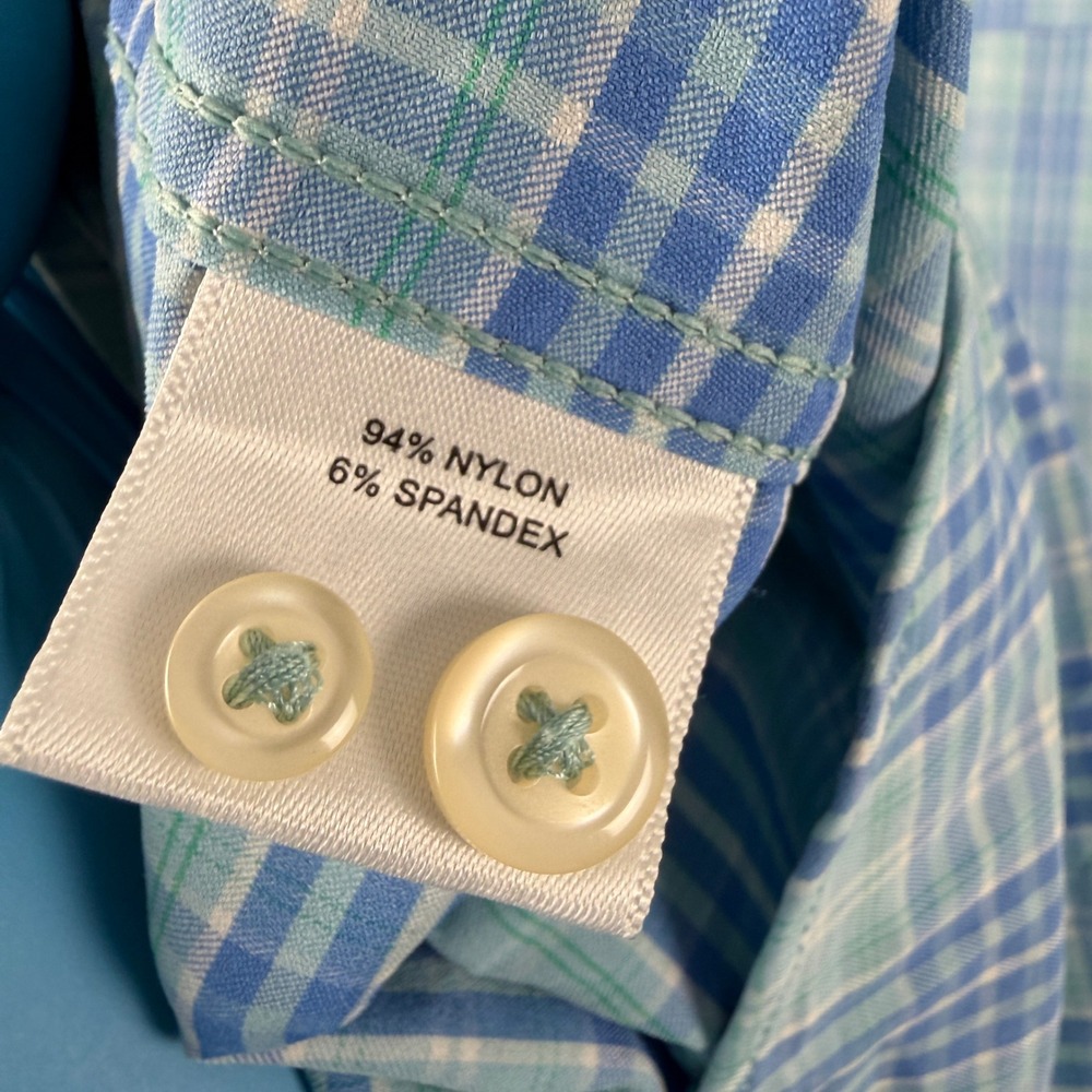 Peter Millar Button Down Shirt Mens L Blue Green Plaid Long Sleeve Performance - Picture 8 of 10